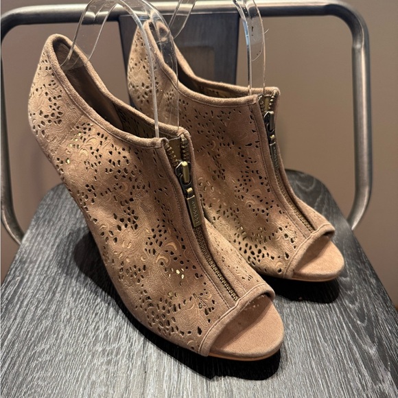 BCBGirls Shoes - BCBGirls Brown Cut-Out Peep-Toe Wedges